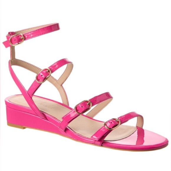 Stuart Weitzman, Grecian Buckle Wedge Sandal, Pink - Picture 1 of 6